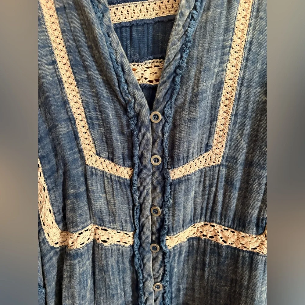Blue Button-Up Blouse with Lace Accents - Picture 2 of 5